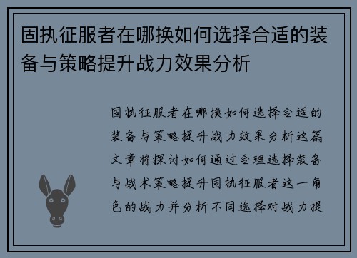 固执征服者在哪换如何选择合适的装备与策略提升战力效果分析